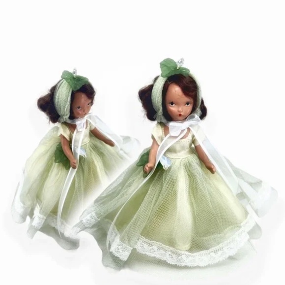 Nancy Ann Storybook Doll bisque 5.5 in 5 joints 1940s mint green dress leaves - Picture 7 of 7